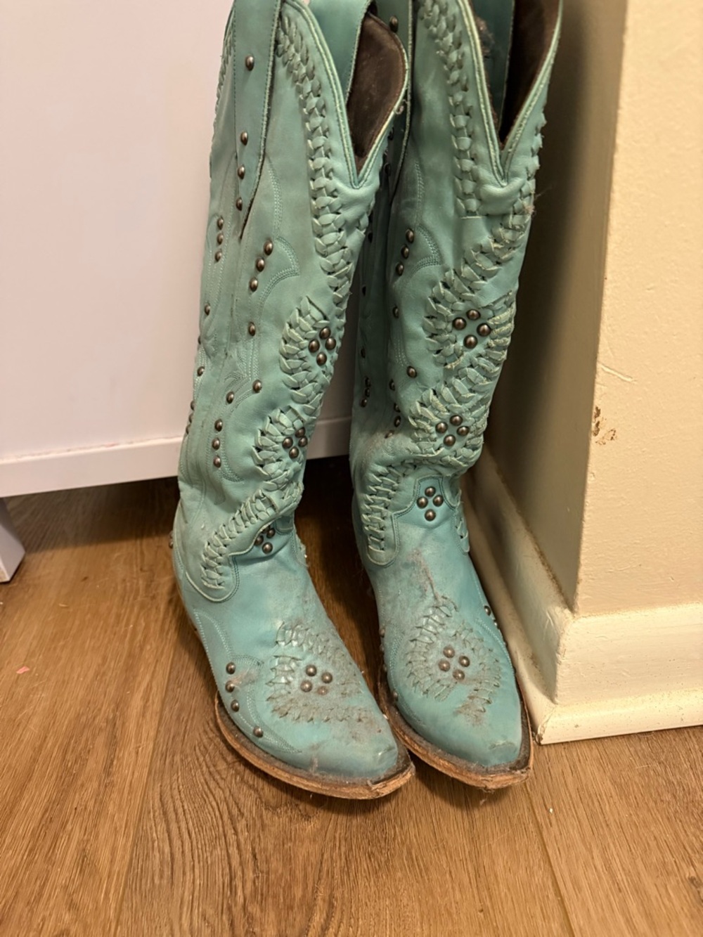 Women's Turquoise Studded Braided Western Heeled Boots